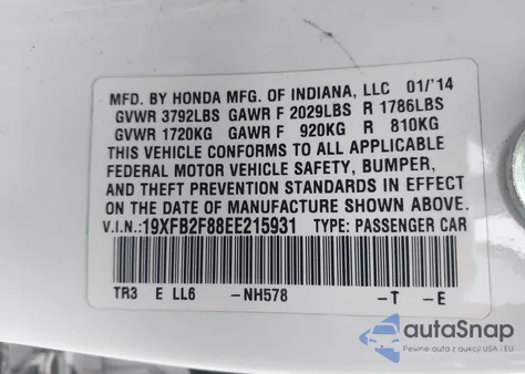 2014 Honda Civic Ex из США, поврежденный, VIN 19XFB2F88EE215931